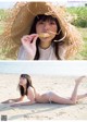 A woman in a straw hat laying on the beach.